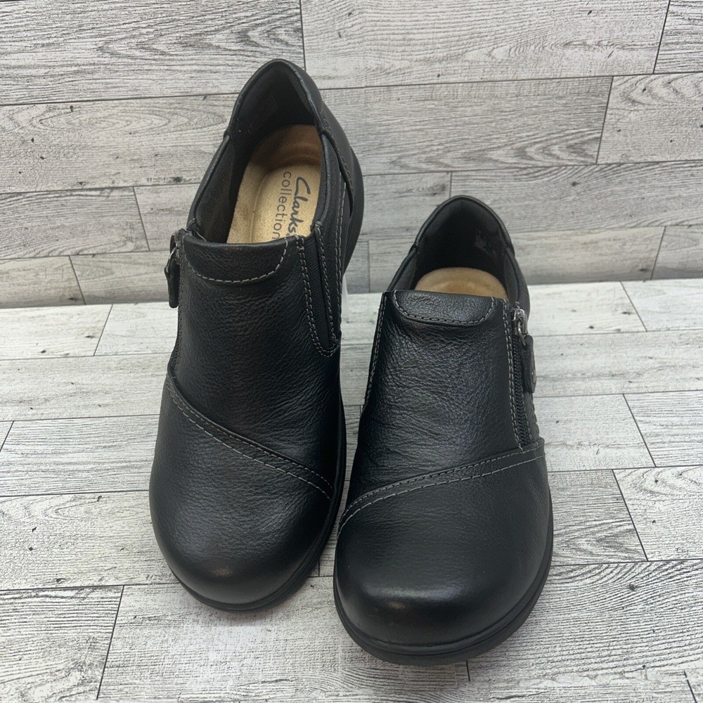 Clarks Womens Carleigh Ray Black Casual Loafers Comfort Shoes Size 7.5 M Zip